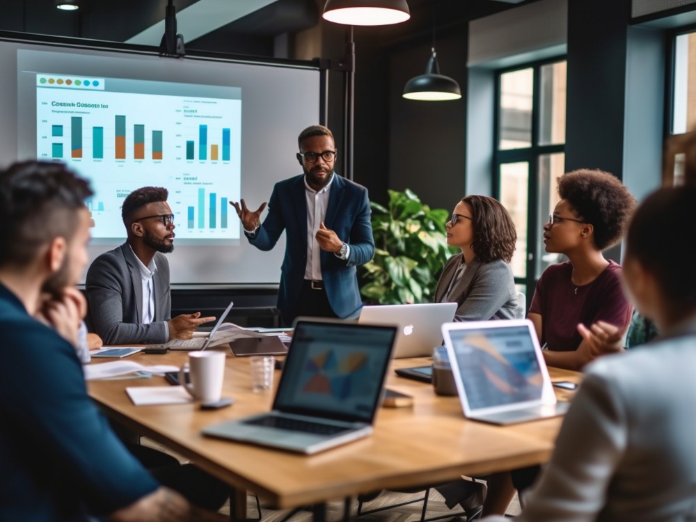 focused team leader presenting marketing plan interested multiracial coworkers