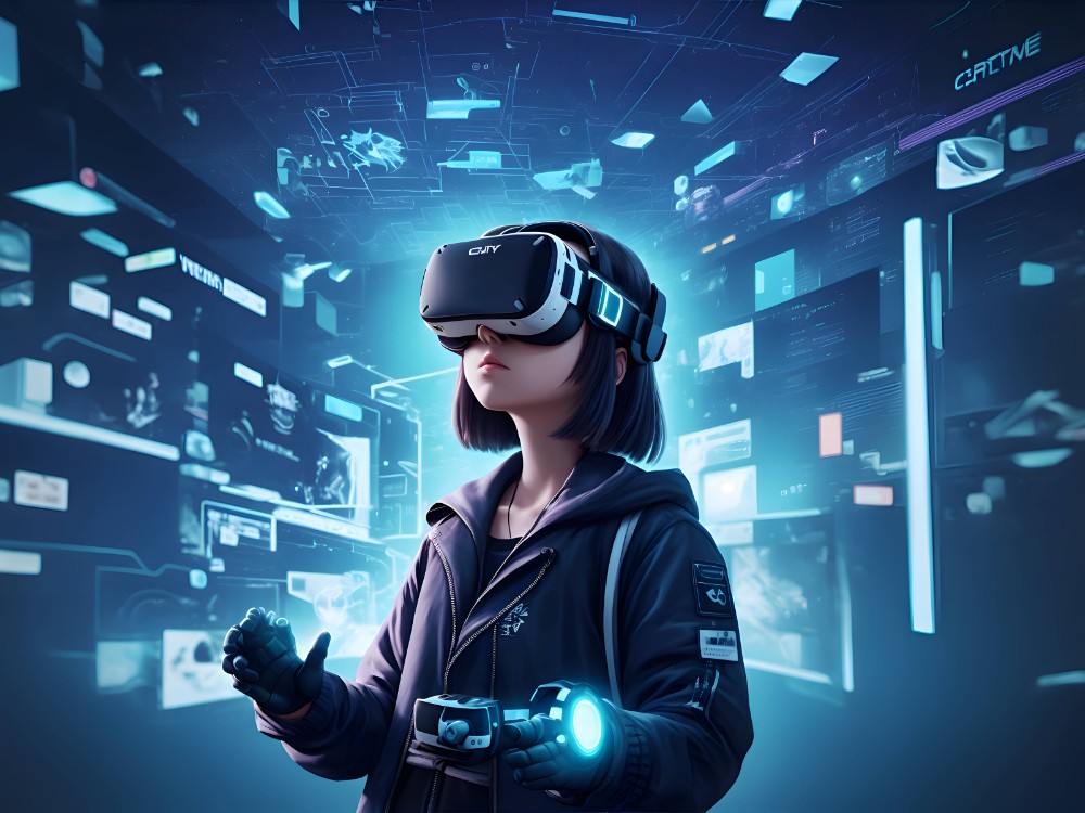 girl wearing virtual reality glasses cyberspace